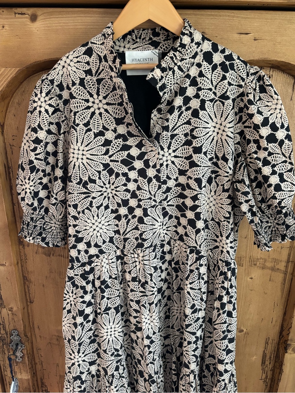 Hyacinth House Bennett Dress Black Cream Floral Lace Pattern Tiered Maxi Size S